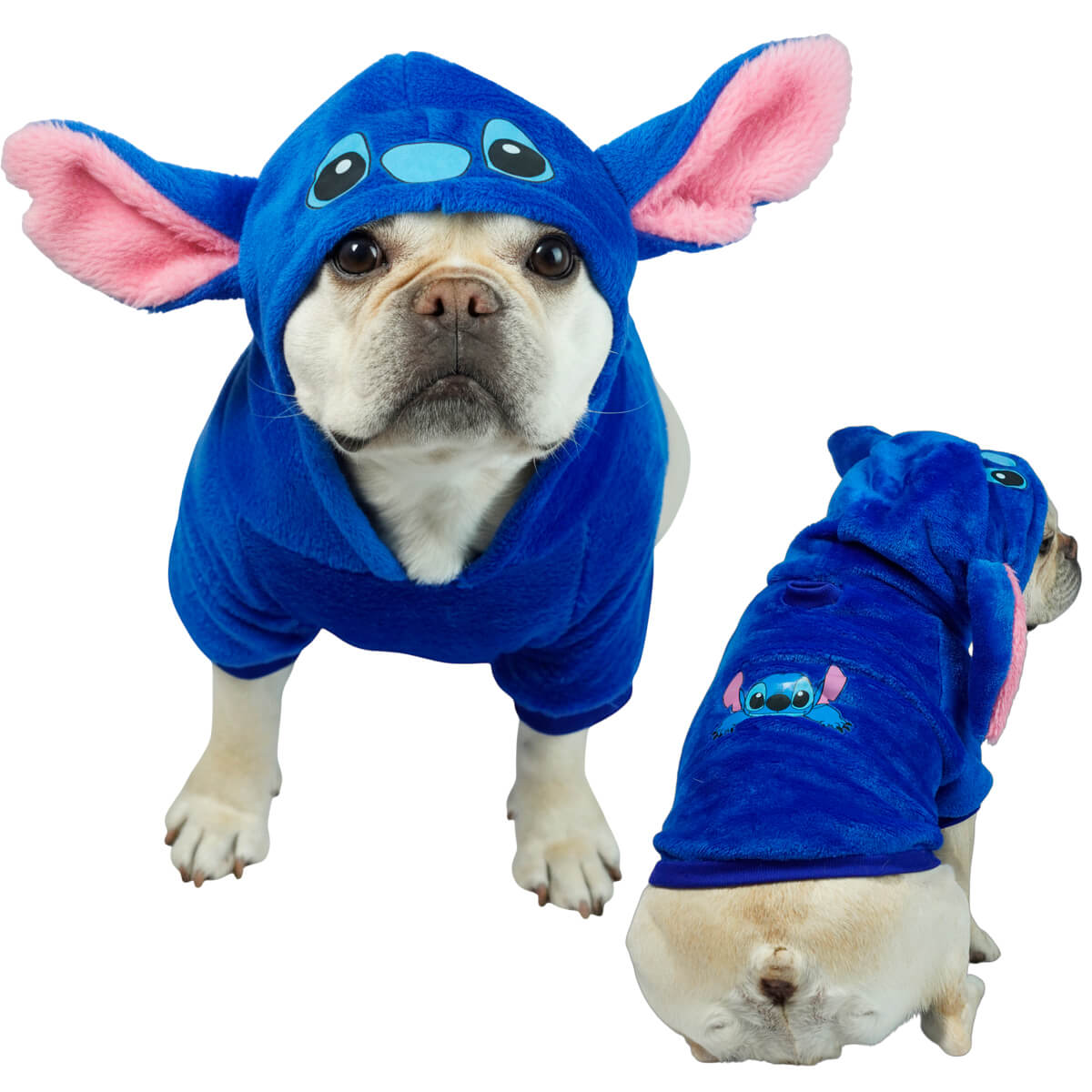 Buzo Stitch para perros y gatos en piel de conejo azul 
con orejas en capota vista frontal - Animal Power Colombia
