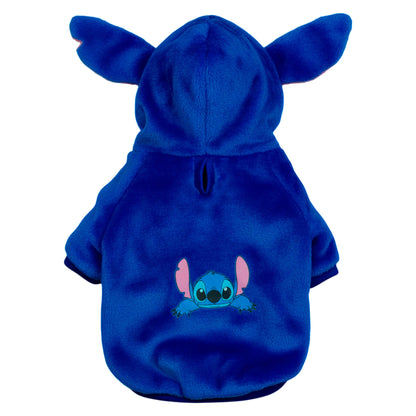 Buzo Stitch para perros y gatos en piel de conejo azul 
con orejas en capota vista frontal - Animal Power Colombia

