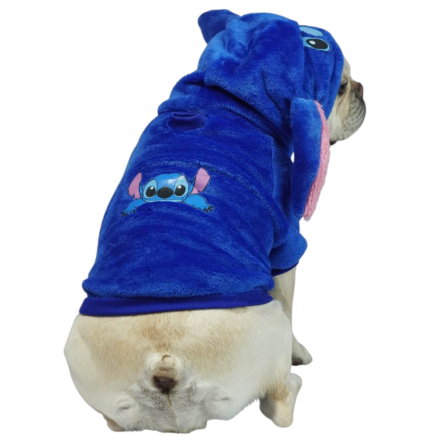 Buzo Stitch para perros y gatos en piel de conejo azul 
con orejas en capota vista frontal - Animal Power Colombia

