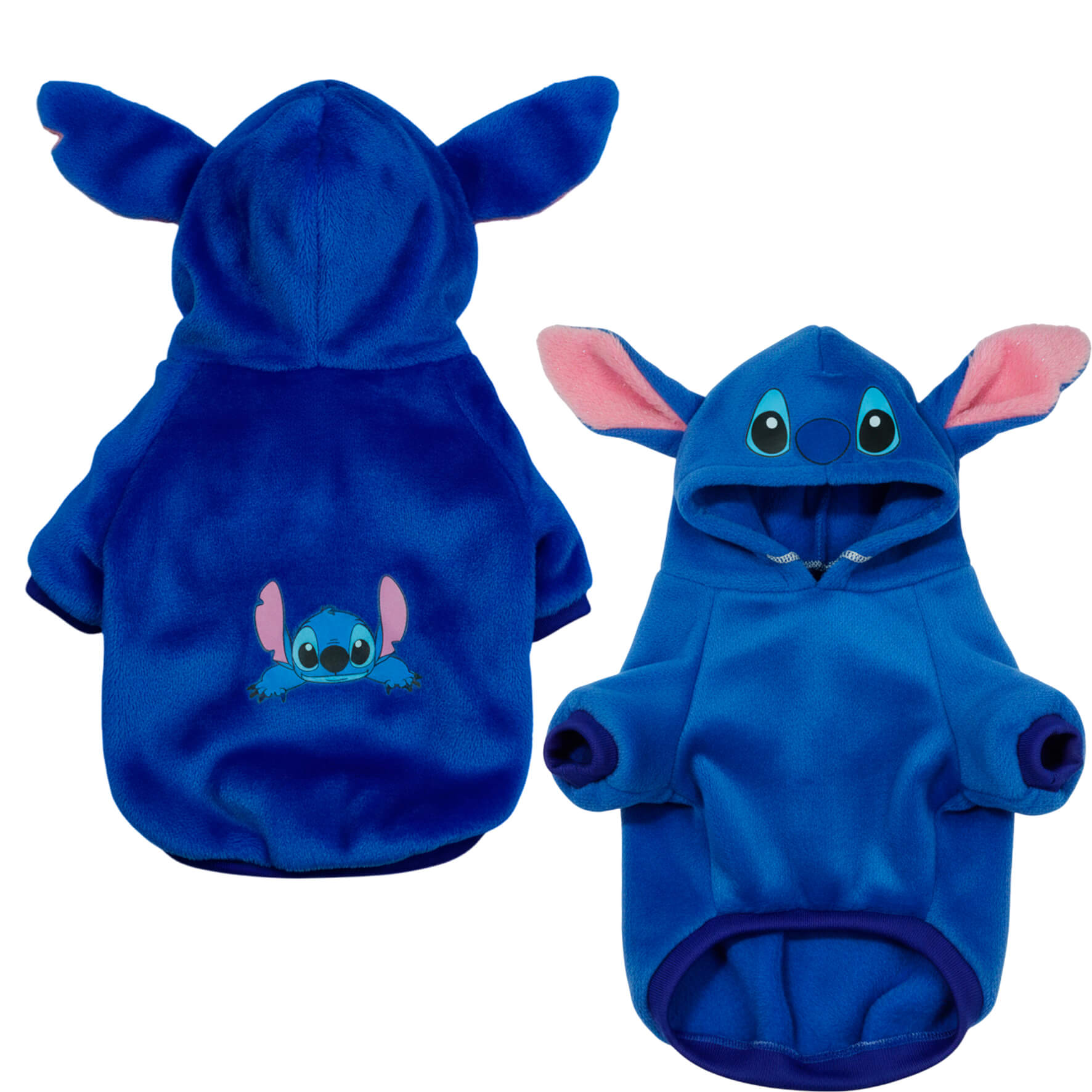Buzo Stitch para perros y gatos en piel de conejo azul 
con orejas en capota vista frontal - Animal Power Colombia
