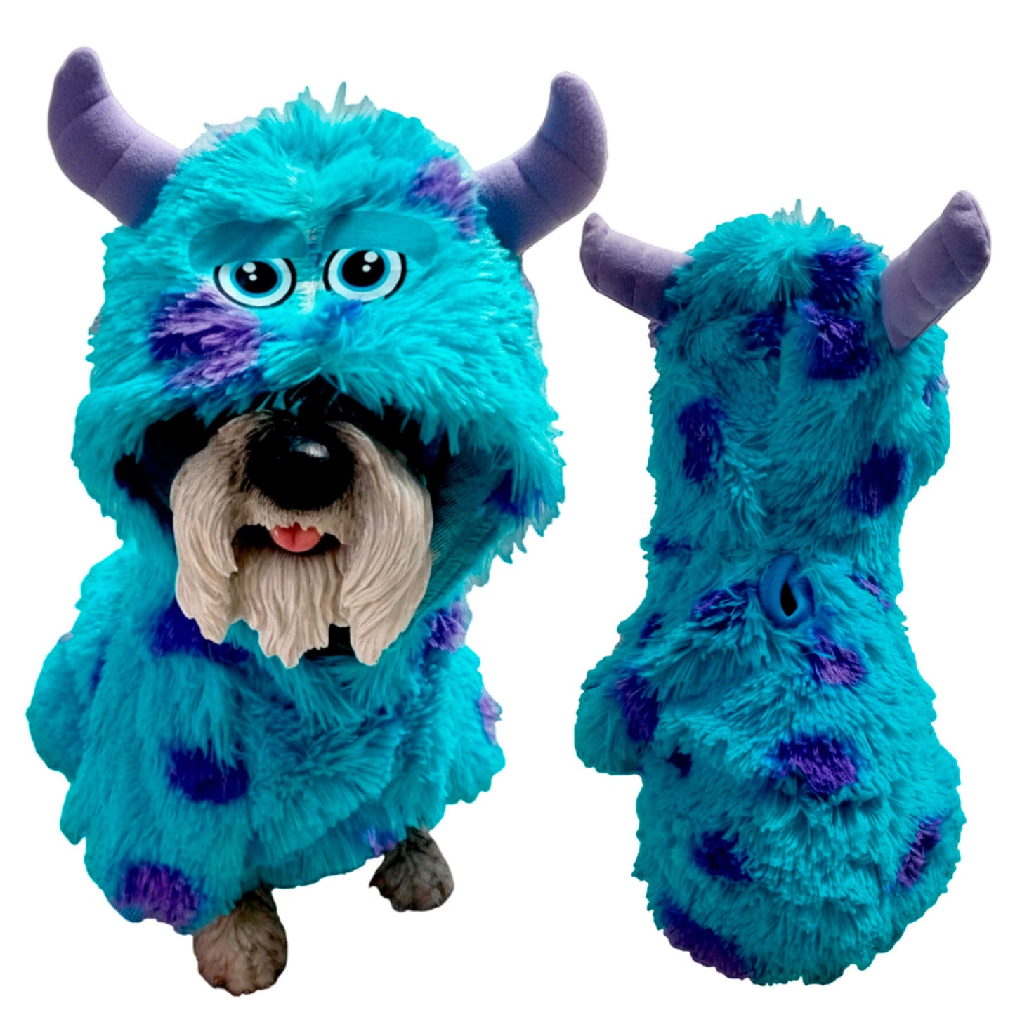Buzo Sullivan Monsters Inc para perros y gatos en piel 
de conejo multicolor con orejas en capota vista frontal - Animal Power Colombia

