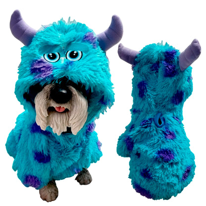Buzo Sullivan Monsters Inc para perros y gatos en piel 
de conejo multicolor con orejas en capota vista frontal - Animal Power Colombia
