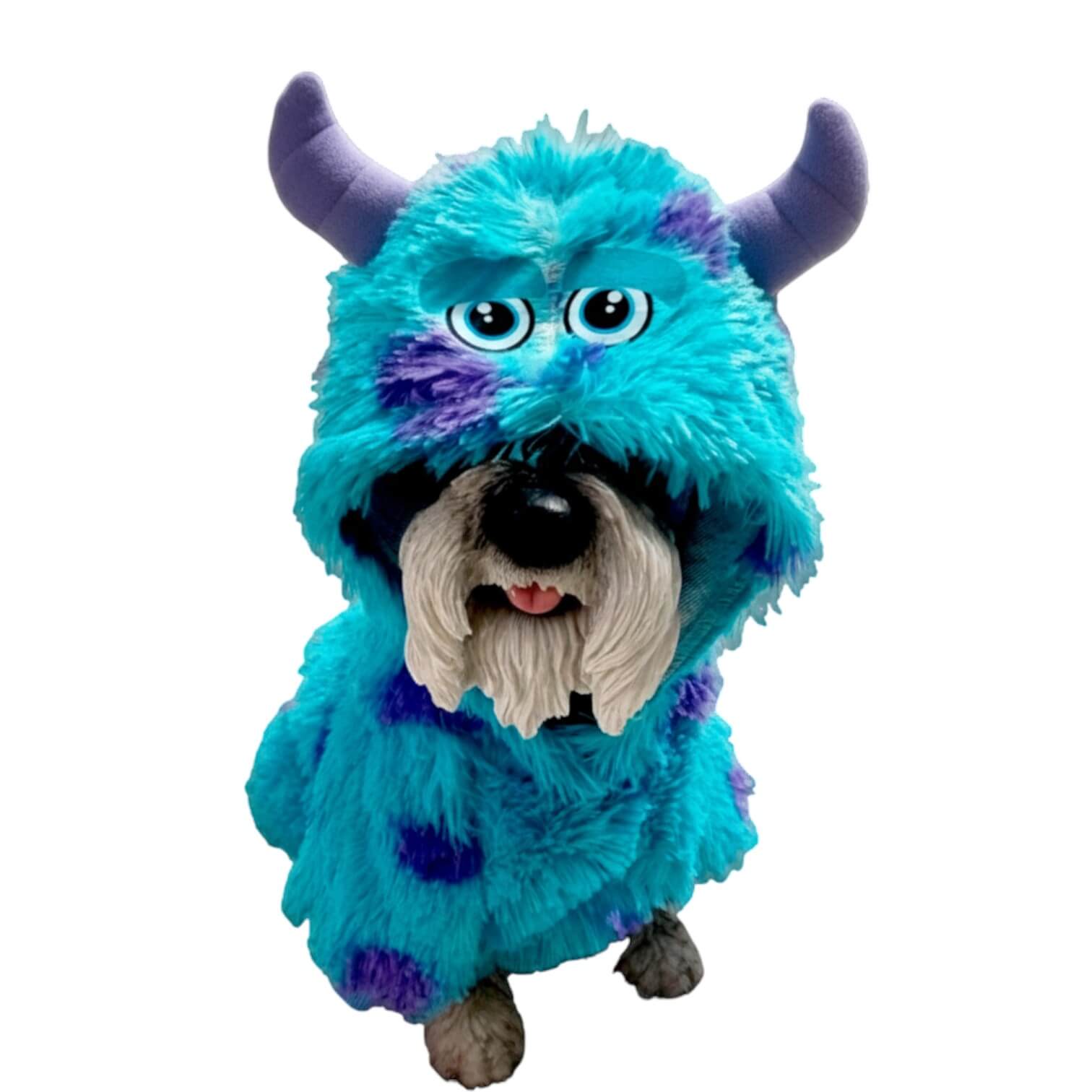 Buzo Sullivan Monsters Inc para perros y gatos en piel 
de conejo multicolor con orejas en capota vista frontal - Animal Power Colombia
