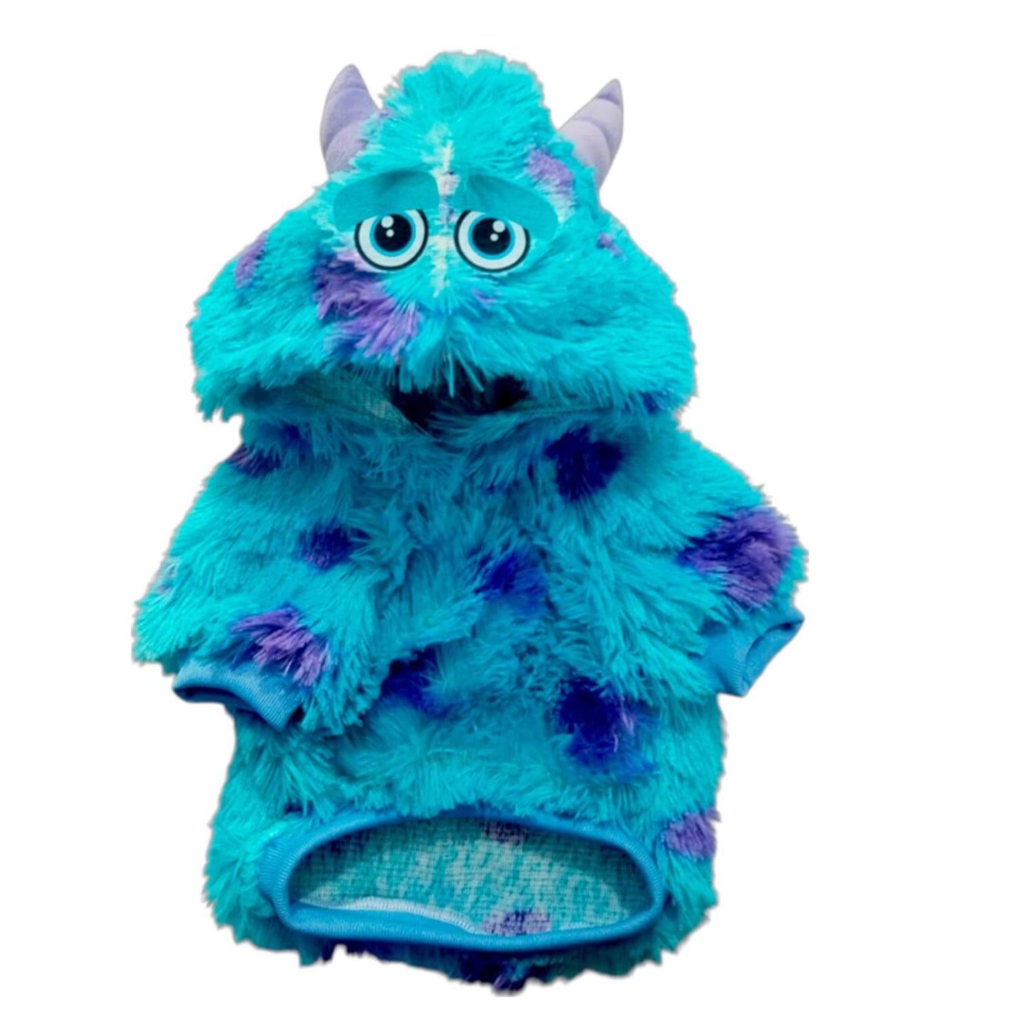 Buzo Sullivan Monsters Inc para perros y gatos en piel 
de conejo multicolor con orejas en capota vista frontal - Animal Power Colombia
