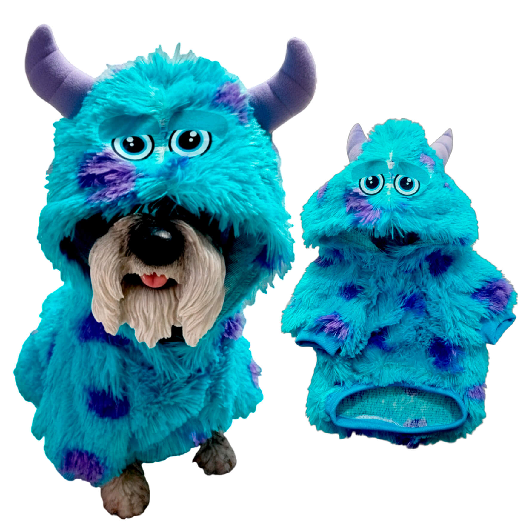 Buzo Sullivan Monsters Inc para perros y gatos en piel 
de conejo multicolor con orejas en capota vista frontal - Animal Power Colombia
