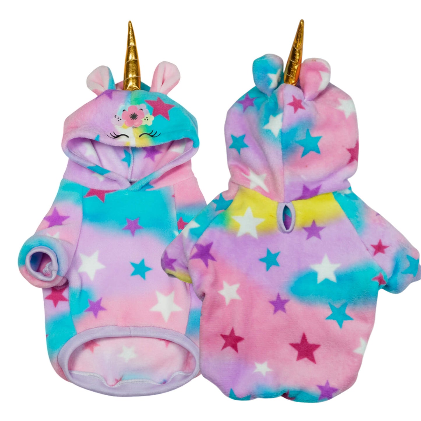 Buzo Unicornio para perros y gatos en piel de conejo 
multicolor con orejas en capota vista frontal - Animal Power Colombia
