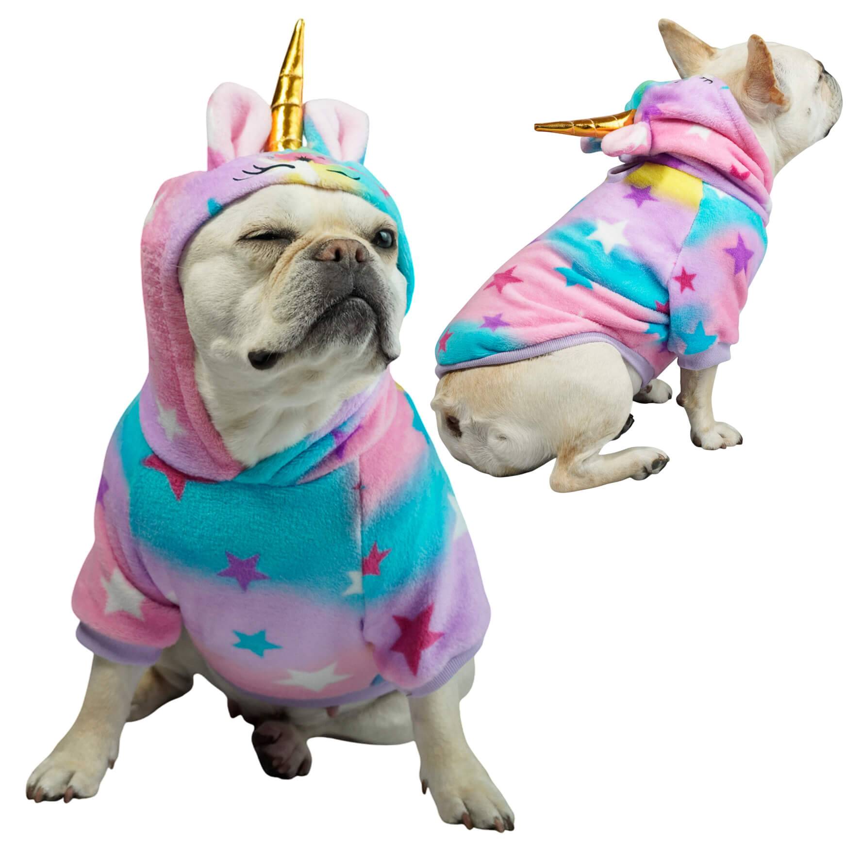 Buzo Unicornio para perros y gatos en piel de conejo 
multicolor con orejas en capota vista frontal - Animal Power Colombia

