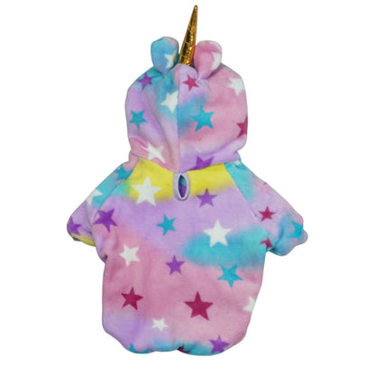 Buzo Unicornio para perros y gatos en piel de conejo 
multicolor con orejas en capota vista frontal - Animal Power Colombia
