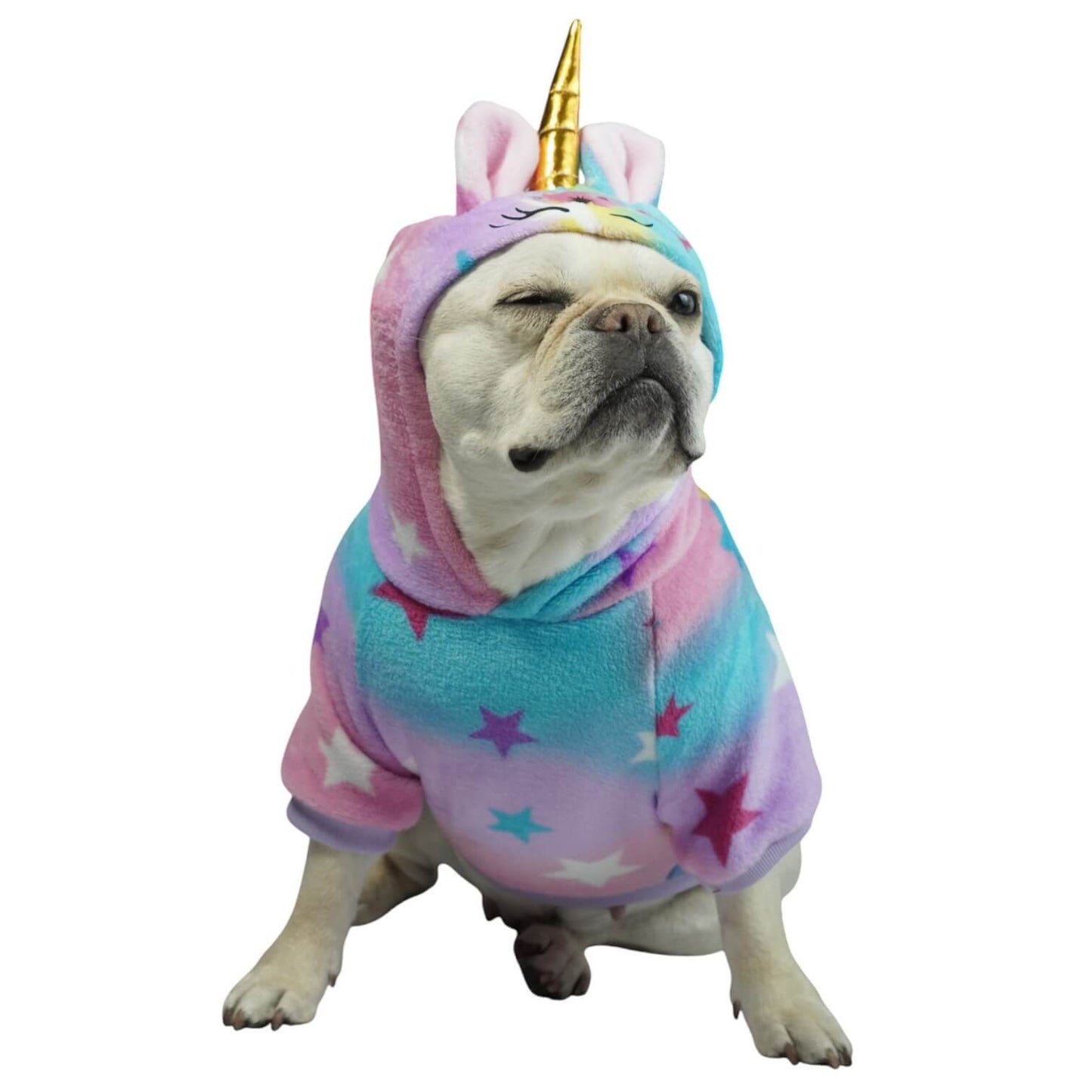 Buzo Unicornio para perros y gatos en piel de conejo 
multicolor con orejas en capota vista frontal - Animal Power Colombia

