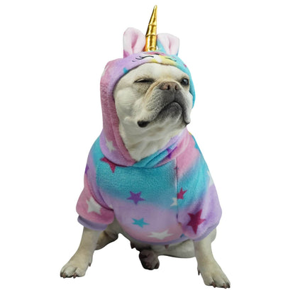 Buzo Unicornio para perros y gatos en piel de conejo 
multicolor con orejas en capota vista frontal - Animal Power Colombia
