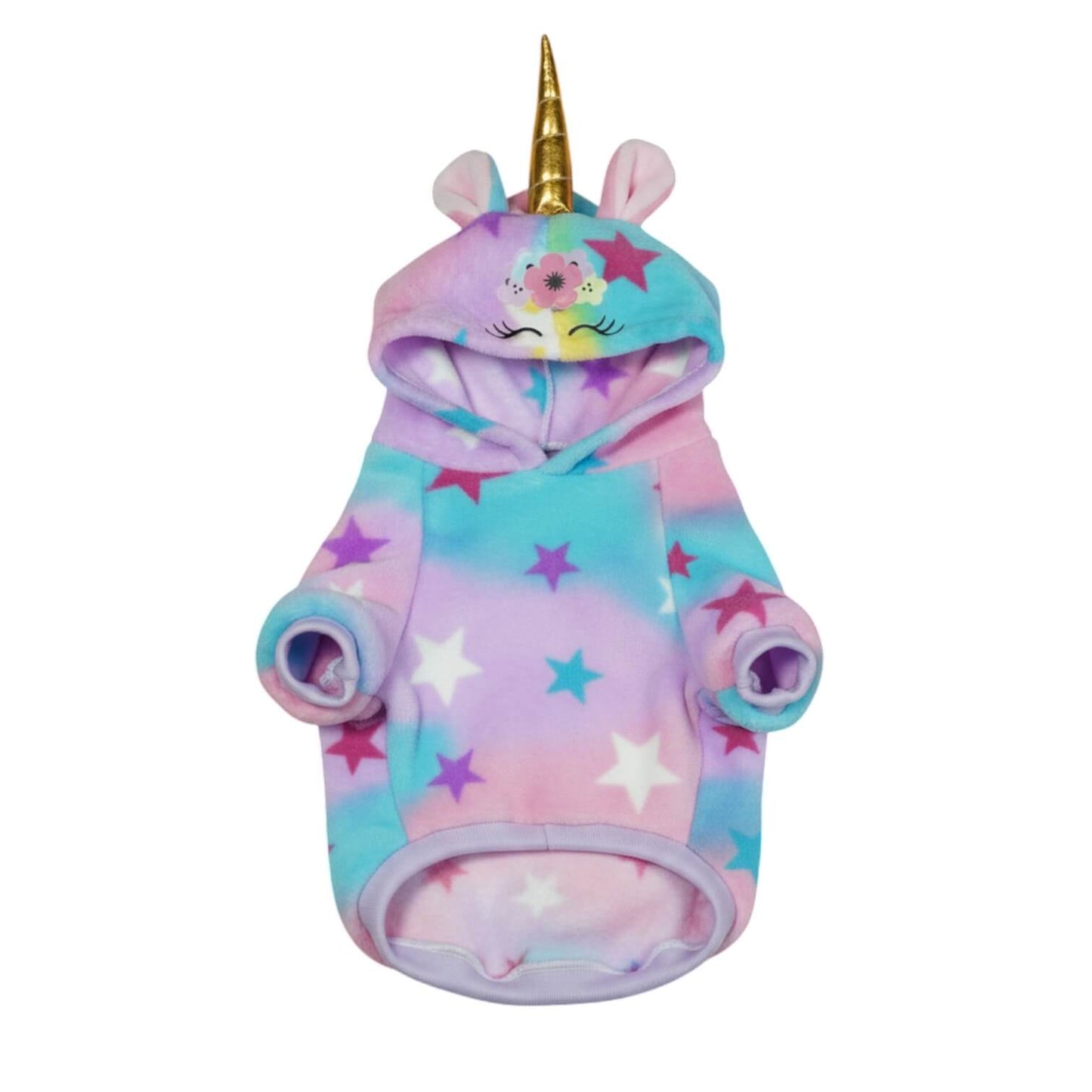Buzo Unicornio para perros y gatos en piel de conejo 
multicolor con orejas en capota vista frontal - Animal Power Colombia
