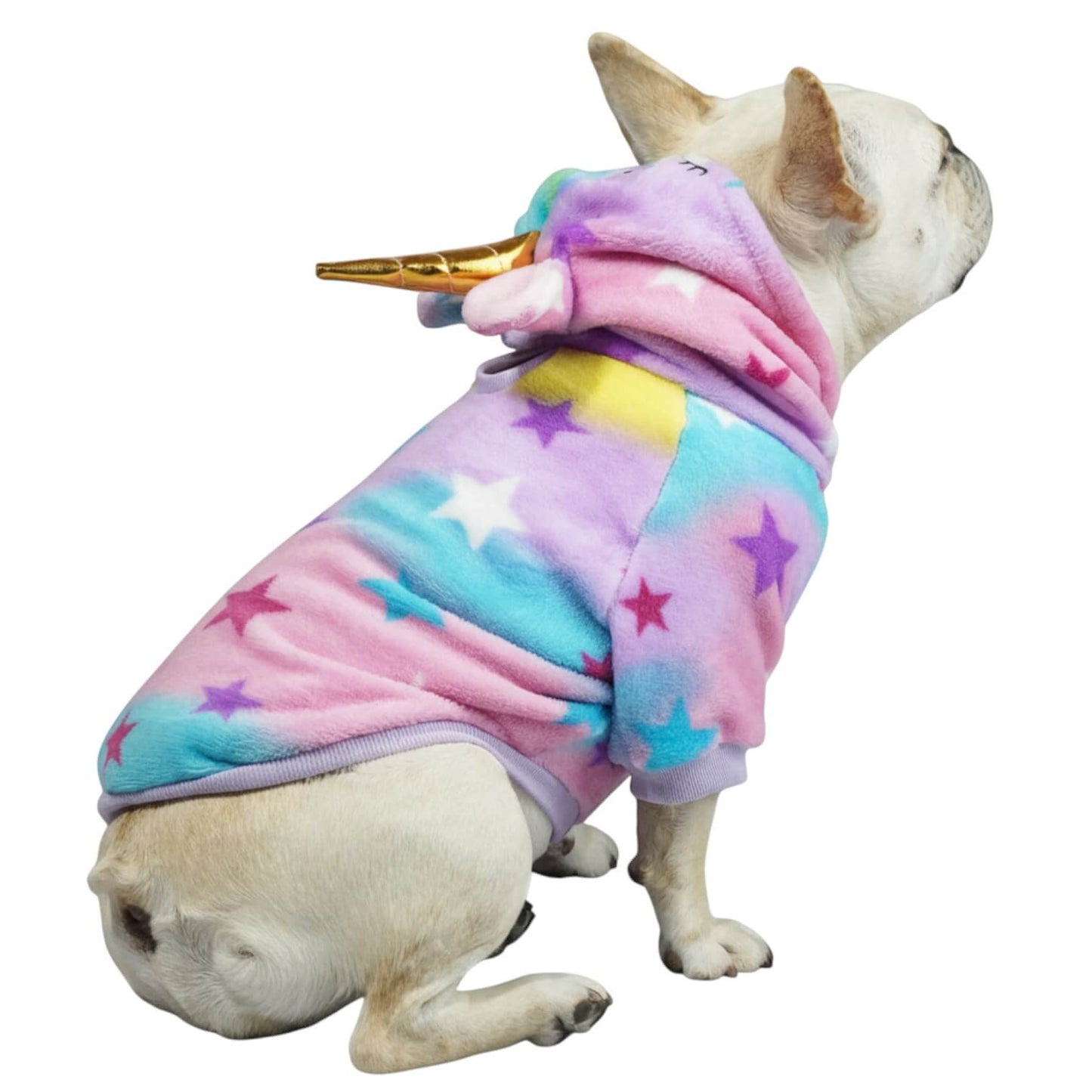 Buzo Unicornio para perros y gatos en piel de conejo 
multicolor con orejas en capota vista frontal - Animal Power Colombia
