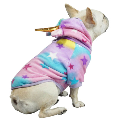 Buzo Unicornio para perros y gatos en piel de conejo 
multicolor con orejas en capota vista frontal - Animal Power Colombia
