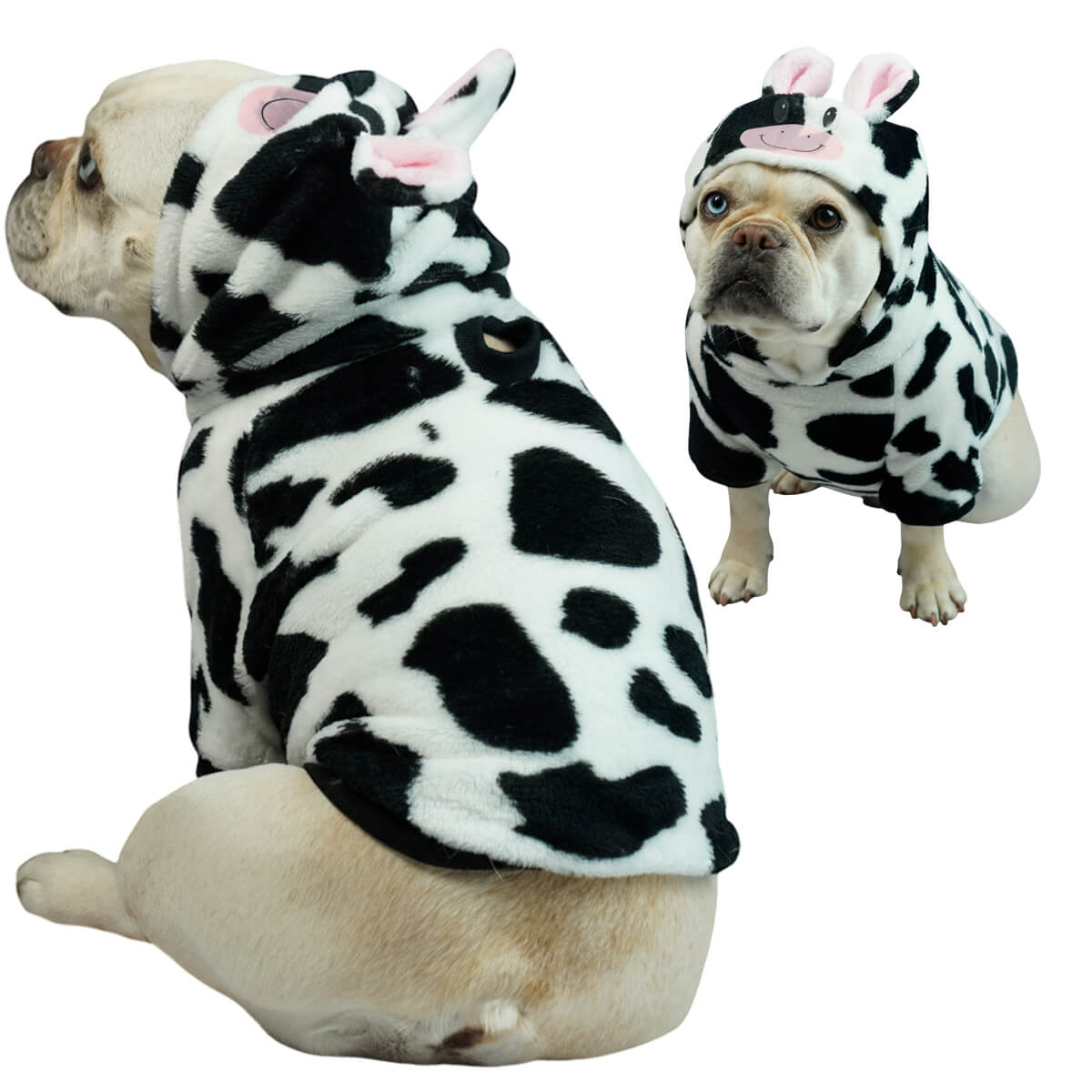 Buzo Vaquita para perros y gatos en piel de conejo negro 
y blanco con orejas en capota vista frontal - Animal Power Colombia
