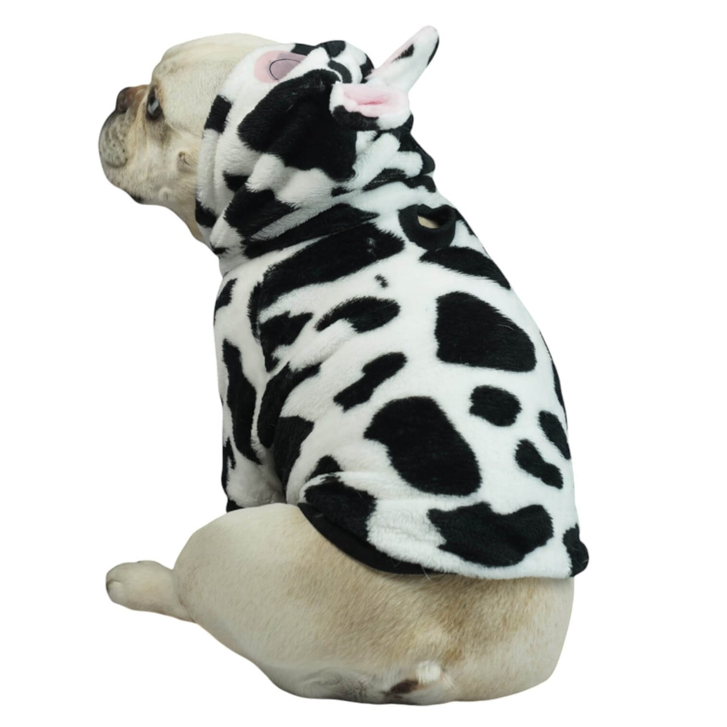 Buzo Vaquita para perros y gatos en piel de conejo negro 
y blanco con orejas en capota vista frontal - Animal Power Colombia
