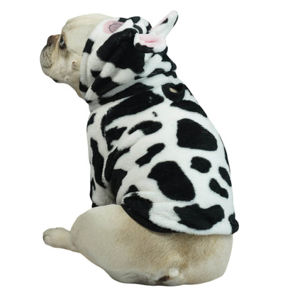 Buzo Vaquita para perros y gatos en piel de conejo negro 
y blanco con orejas en capota vista frontal - Animal Power Colombia
