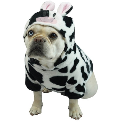 Buzo Vaquita para perros y gatos en piel de conejo negro 
y blanco con orejas en capota vista frontal - Animal Power Colombia
