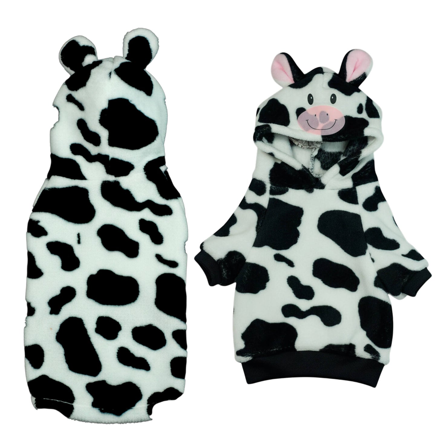 Buzo Vaquita para perros y gatos en piel de conejo negro 
y blanco con orejas en capota vista frontal - Animal Power Colombia
