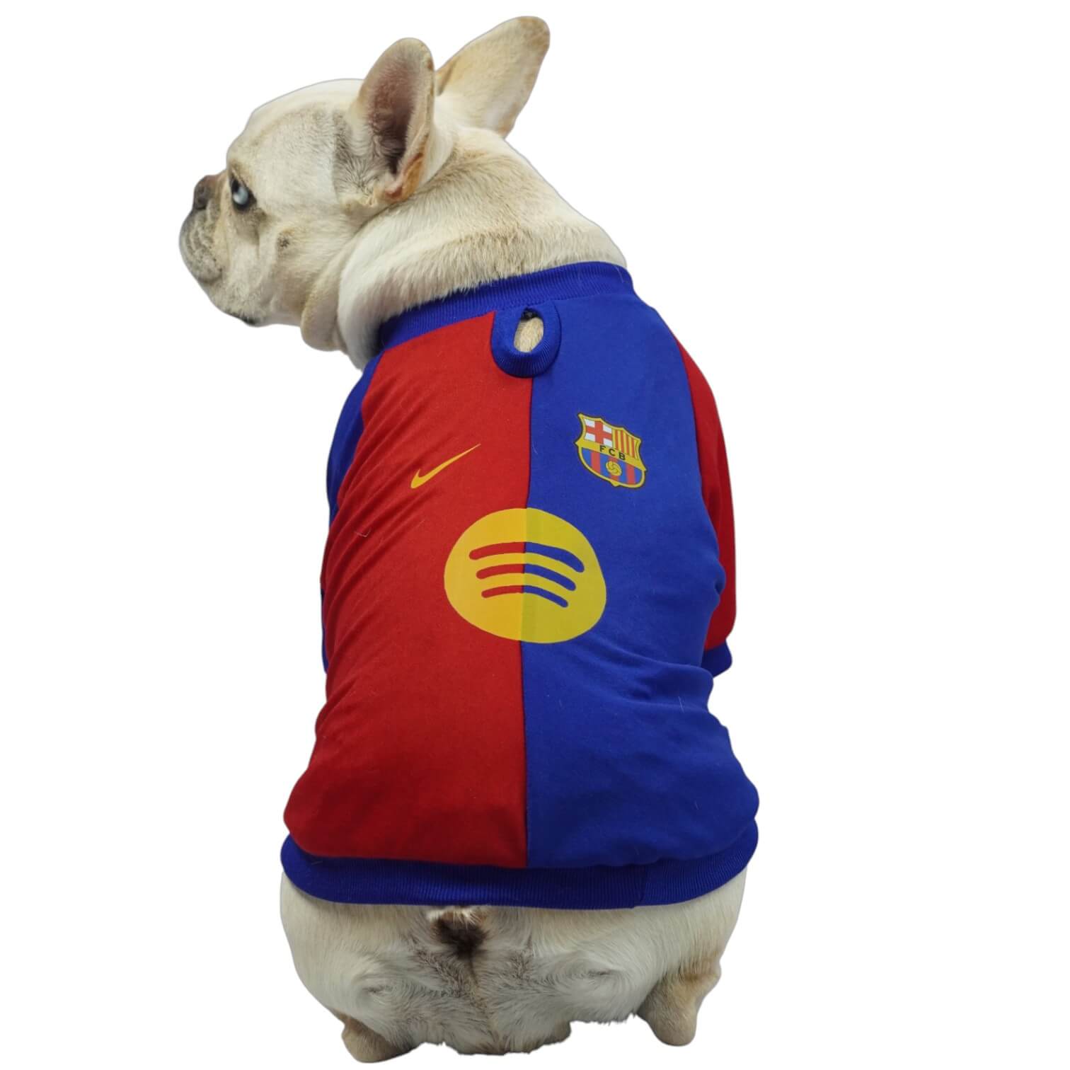 Camiseta Barcelona para perros y gatos en tela deportiva 
roja con azul vista frontal - Animal Power Colombia
