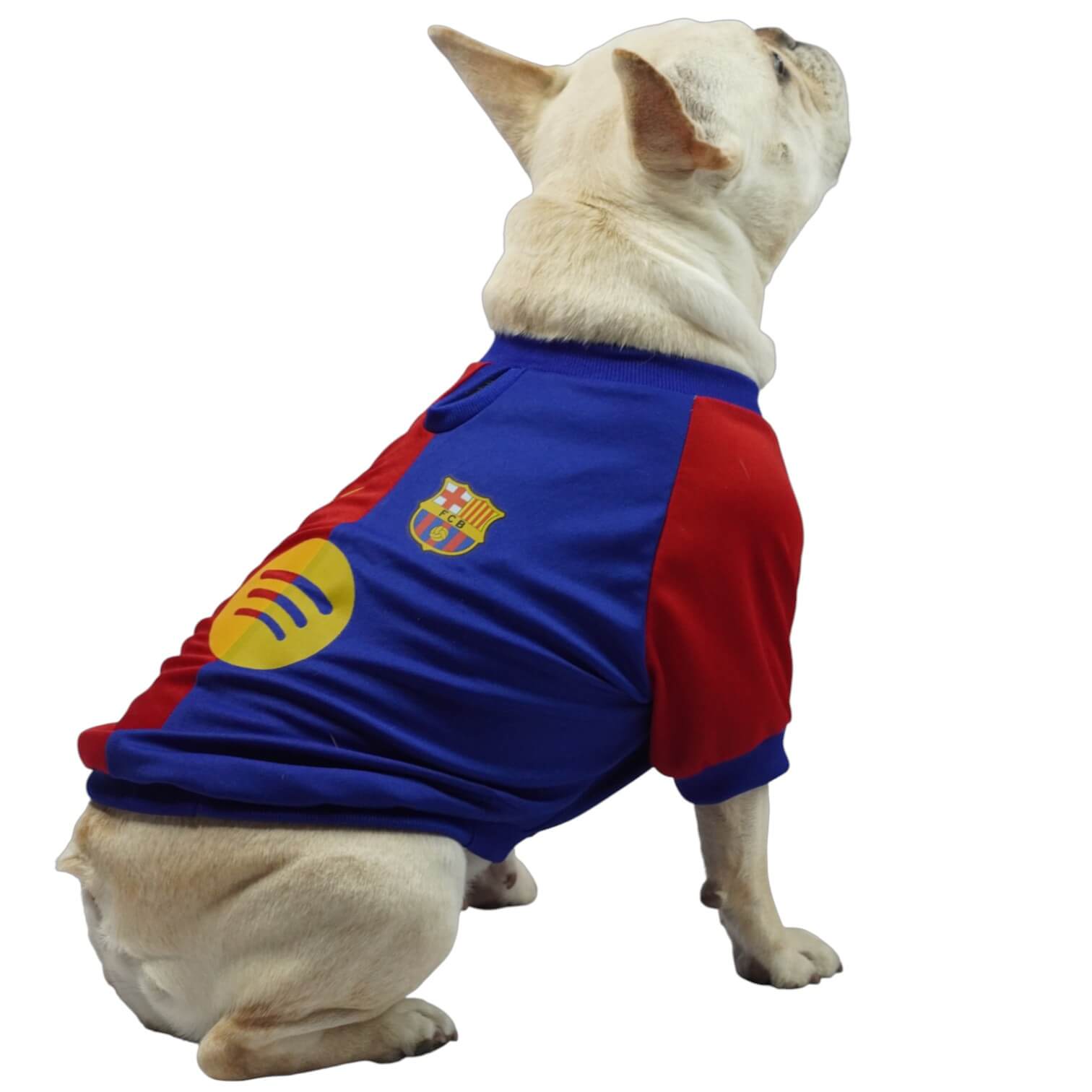 Camiseta Barcelona para perros y gatos en tela deportiva 
roja con azul vista frontal - Animal Power Colombia
