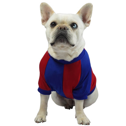 Camiseta Barcelona para perros y gatos en tela deportiva 
roja con azul vista frontal - Animal Power Colombia
