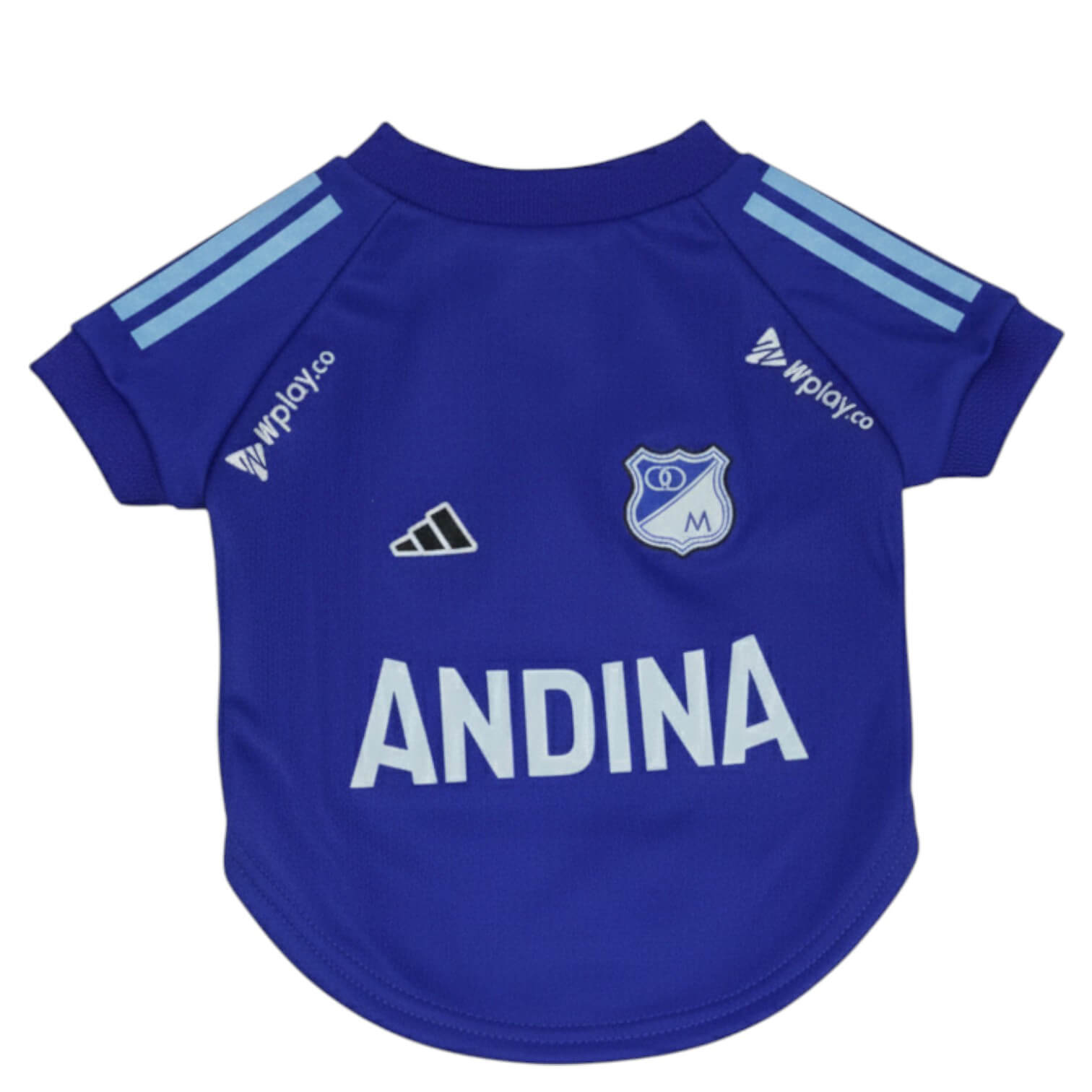  Camiseta Millonarios para perros y gatos en tela deportiva 
azul vista frontal - Animal Power Colombia
