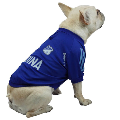  Camiseta Millonarios para perros y gatos en tela deportiva 
azul vista frontal - Animal Power Colombia
