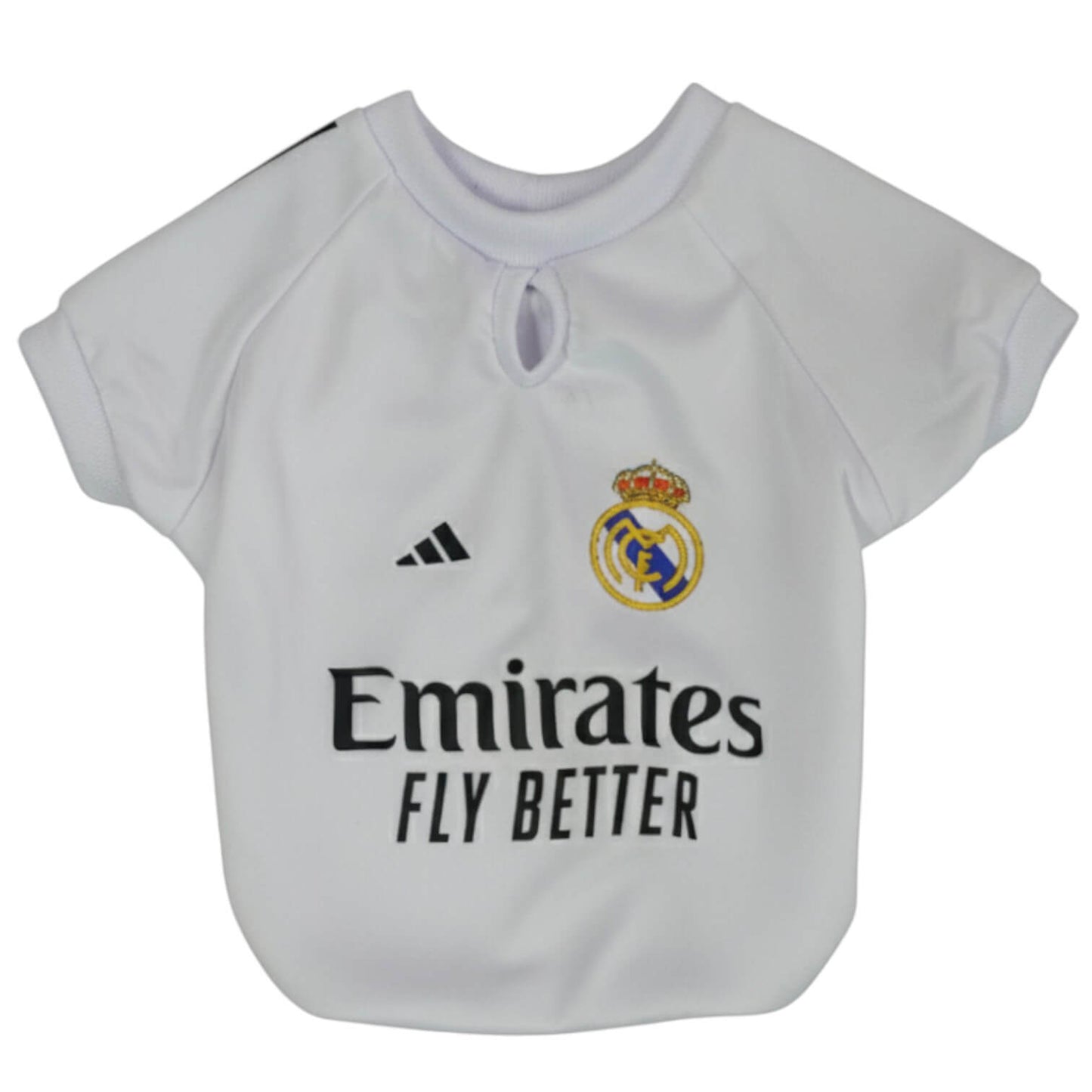 Camiseta Real Madrid para perros y gatos en tela deportiva 
blanca vista frontal - Animal Power Colombia
