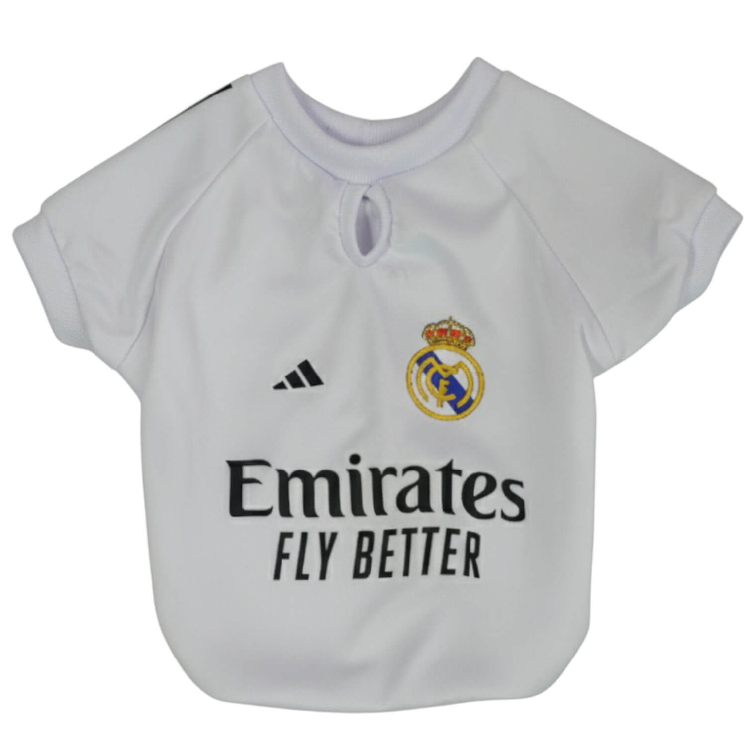 Camiseta Real Madrid para perros y gatos en tela deportiva 
blanca vista frontal - Animal Power Colombia
