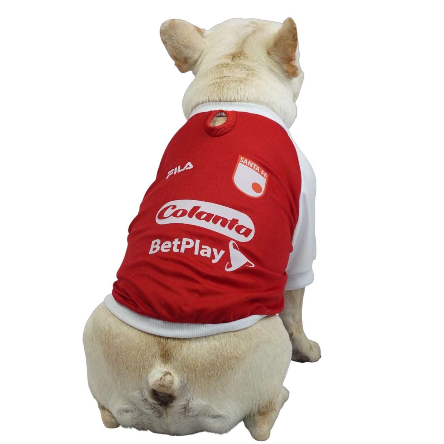 Camiseta Santa Fe para perros y gatos en tela deportiva 
roja con blanco vista frontal - Animal Power Colombia
