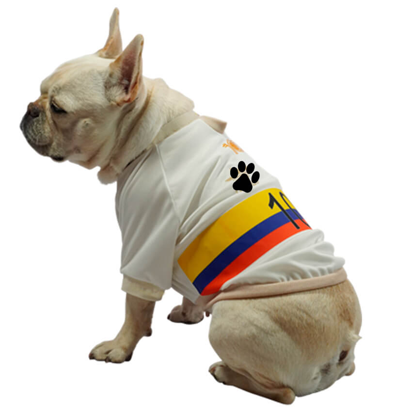 Camiseta Selección Colombia Centenario para perros y gatos 
en tela deportiva marfil vista frontal - Animal Power Colombia
