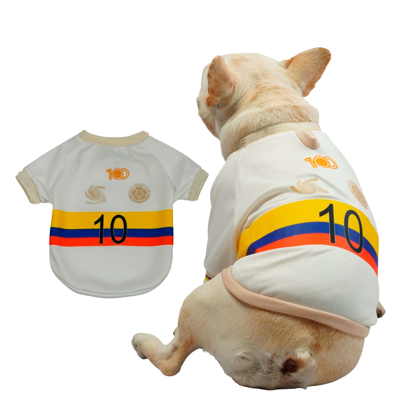 Camiseta Selección Colombia Centenario para perros y gatos 
en tela deportiva marfil vista frontal - Animal Power Colombia
