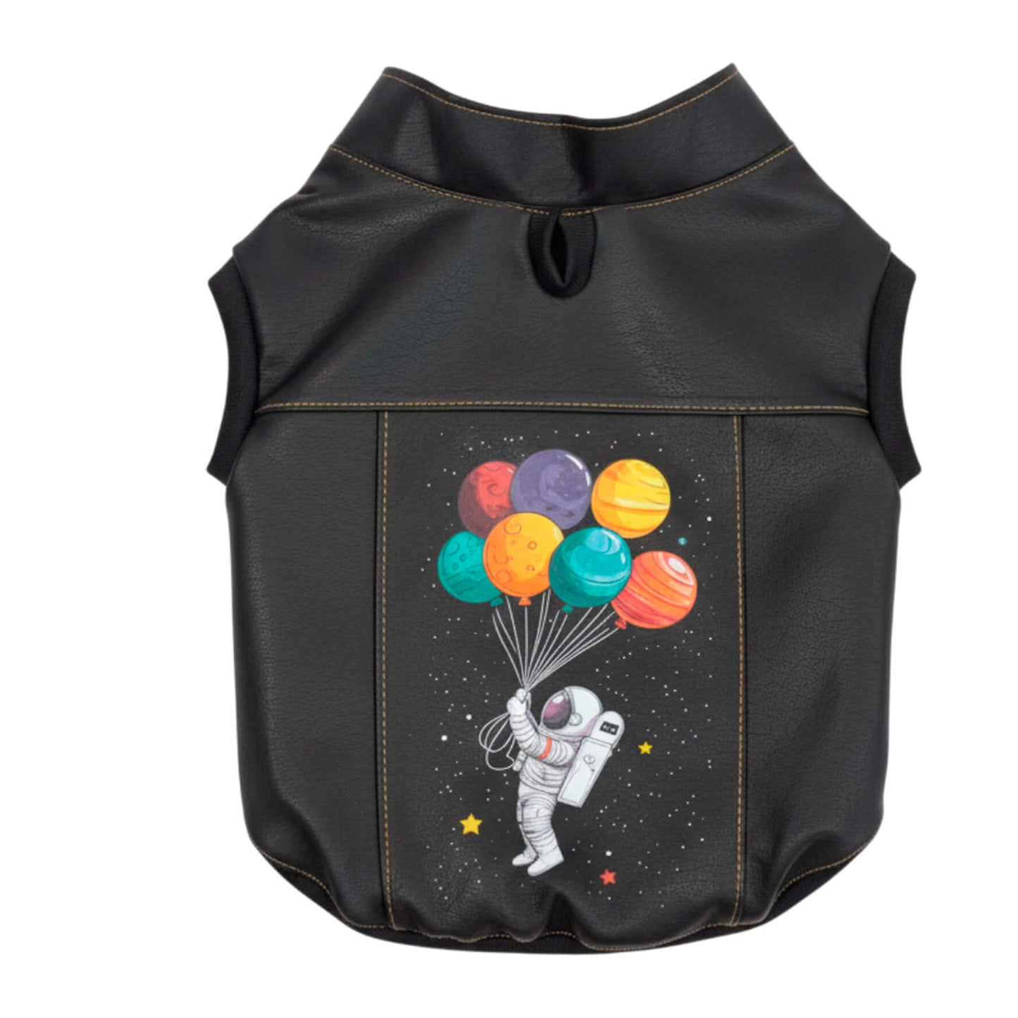 Chaleco Astronauta para perros y gatos en cuerina negra 
vista frontal con estampado DTF - Animal Power Colombia
2