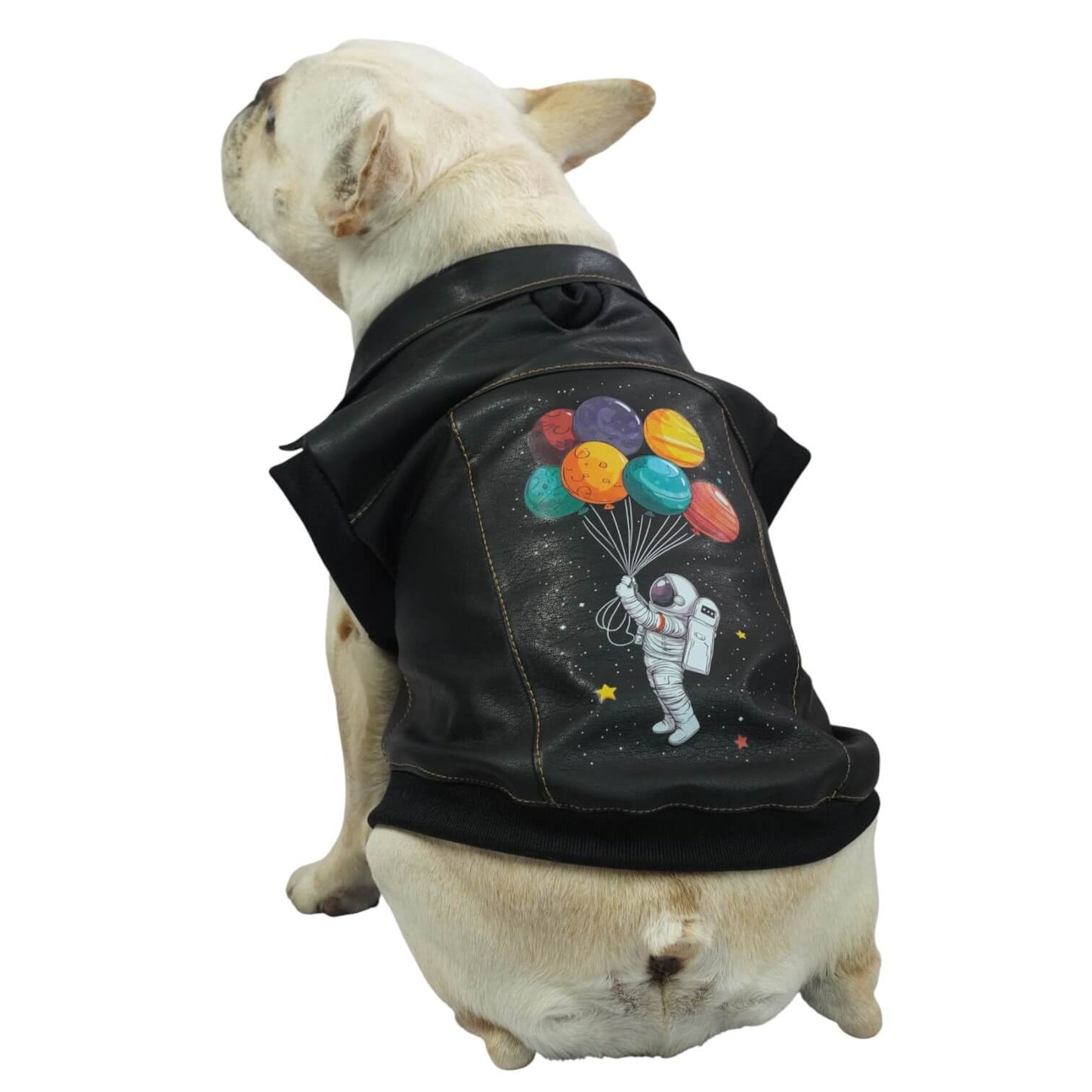 Chaleco Astronauta para perros y gatos en cuerina negra 
vista frontal con estampado DTF - Animal Power Colombia
3