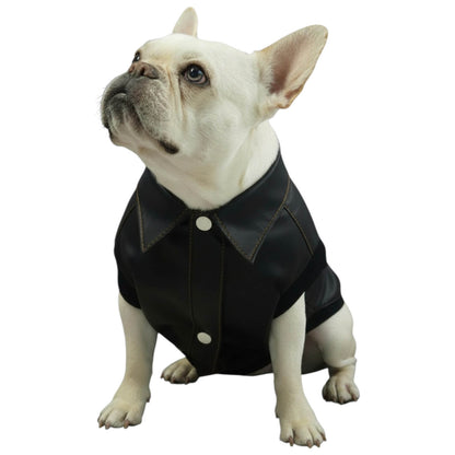 Chaleco Astronauta para perros y gatos en cuerina negra 
vista frontal con estampado DTF - Animal Power Colombia
5