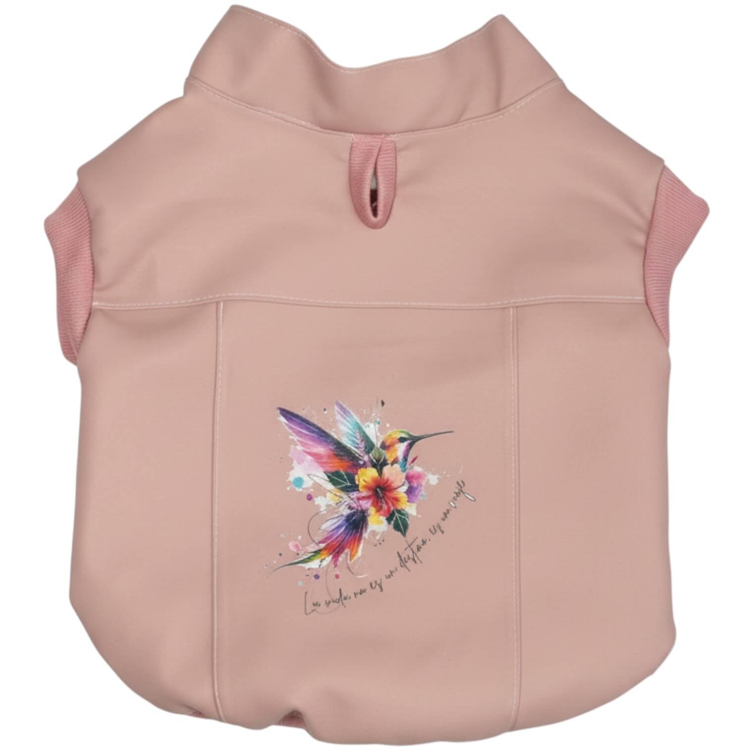 Chaleco Colibrí rosado para perros y gatos en cuerina 
vista frontal con estampado DTF - Animal Power Colombia
