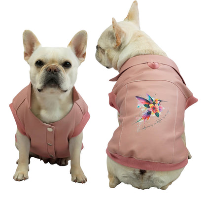 Chaleco Colibrí rosado para perros y gatos en cuerina 
vista frontal con estampado DTF - Animal Power Colombia
