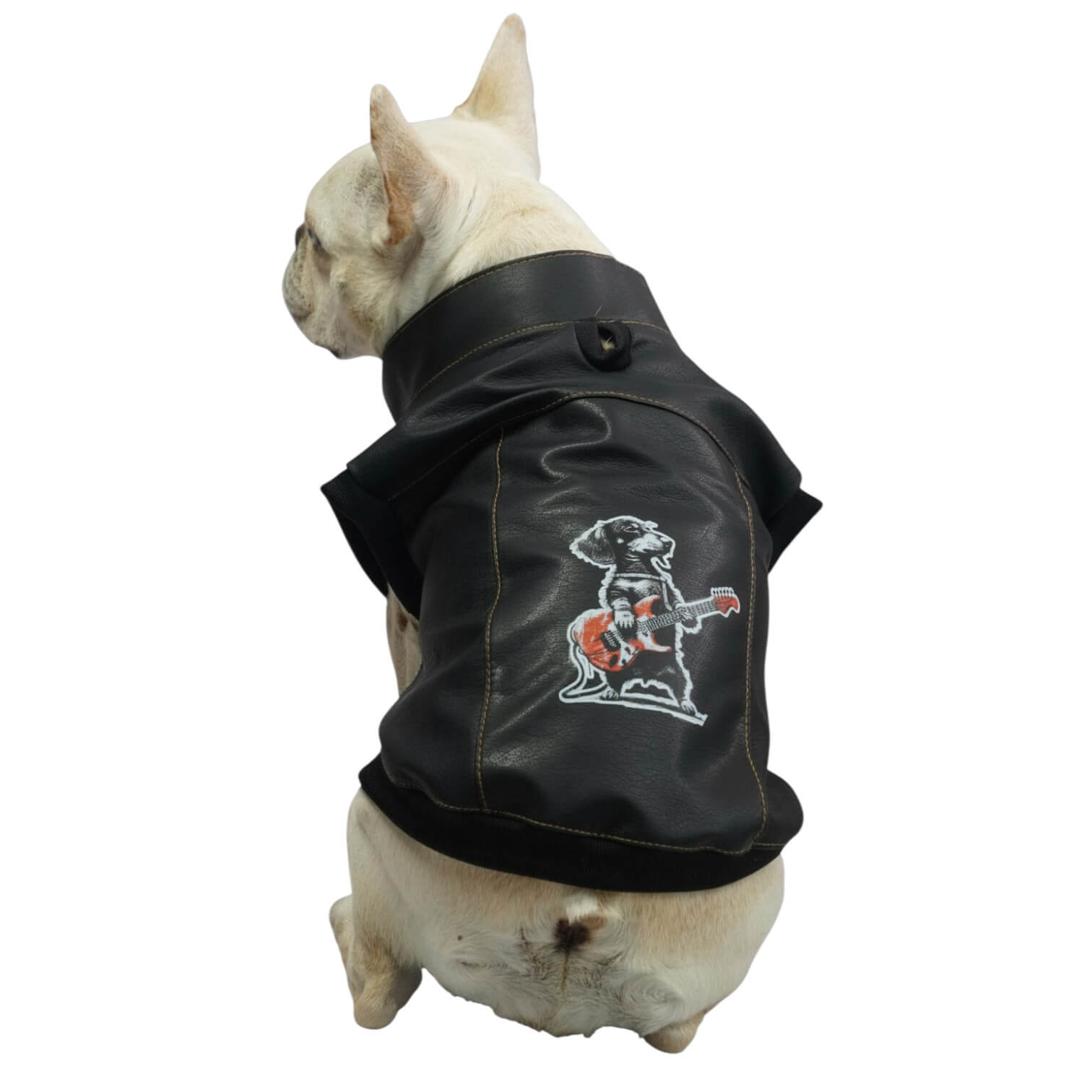 Chaleco Perrito para perros y gatos en cuerina negra 
vista frontal con estampado DTF - Animal Power Colombia
3