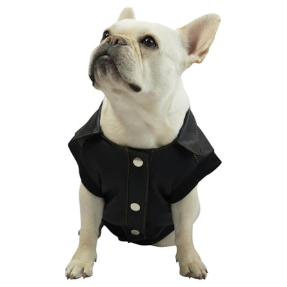 Chaleco Perrito para perros y gatos en cuerina negra 
vista frontal con estampado DTF - Animal Power Colombia
5