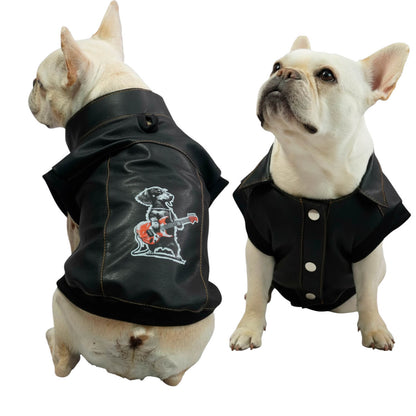 Chaleco Perrito para perros y gatos en cuerina negra 
vista frontal con estampado DTF - Animal Power Colombia
