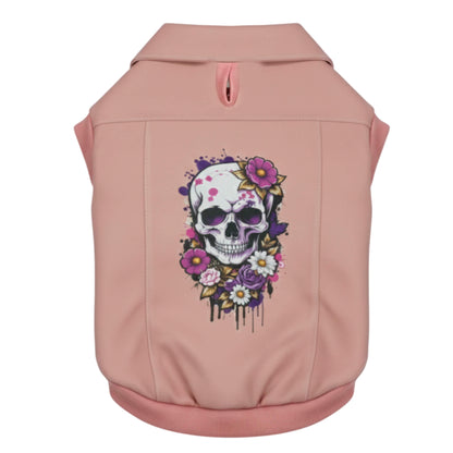 Chaleco Skull rosado para perros y gatos en cuerina 
vista frontal con estampado DTF - Animal Power Colombia
2