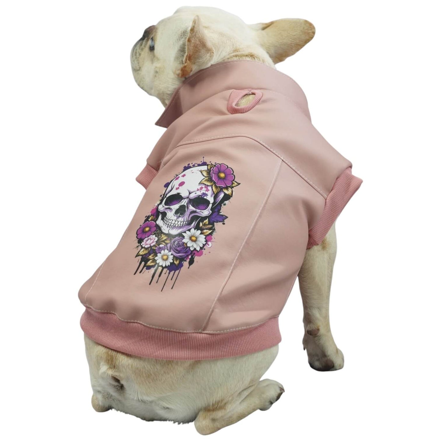 Chaleco Skull rosado para perros y gatos en cuerina 
vista frontal con estampado DTF - Animal Power Colombia
