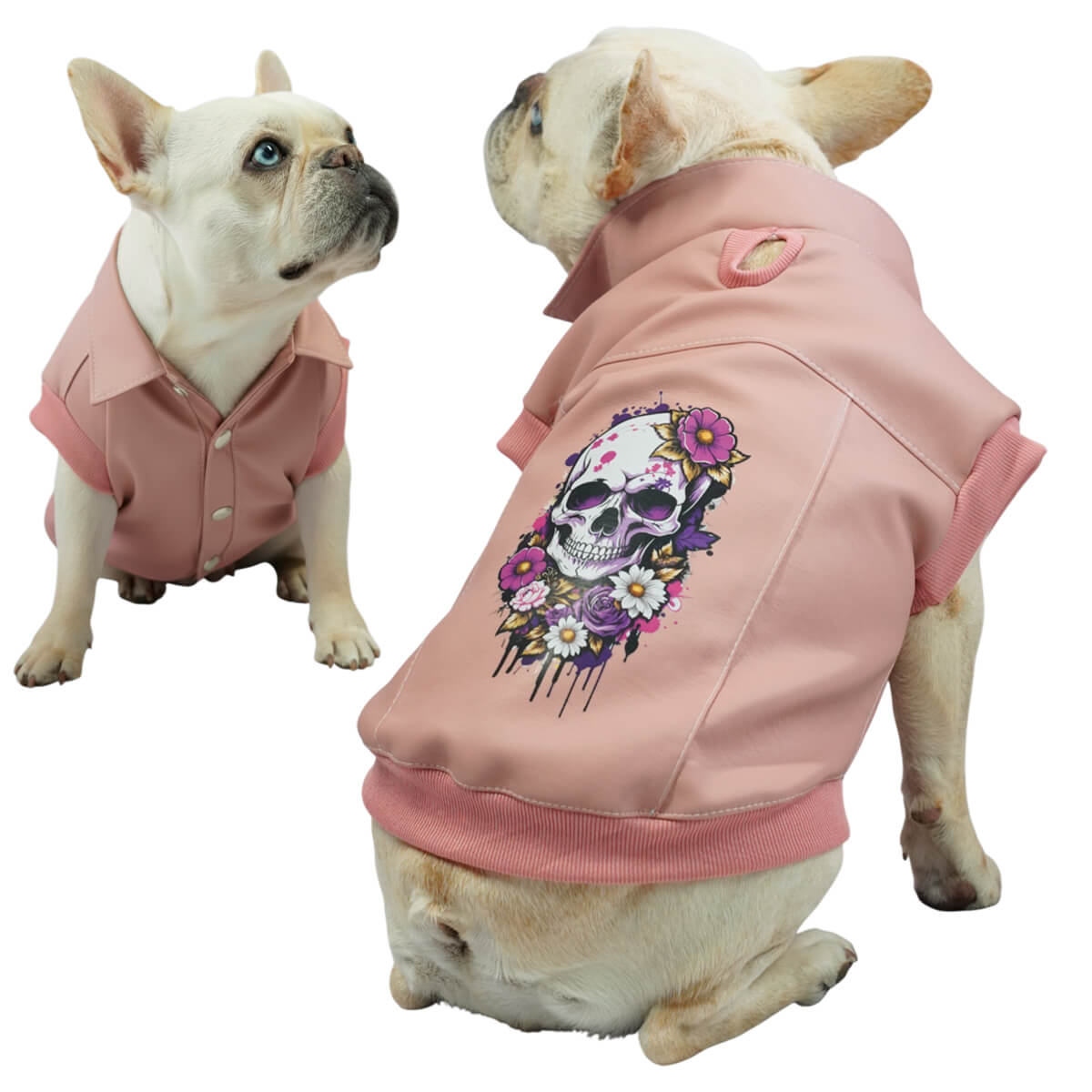 Chaleco Skull rosado para perros y gatos en cuerina 
vista frontal con estampado DTF - Animal Power Colombia
