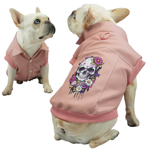 Chaleco Skull rosado para perros y gatos en cuerina 
vista frontal con estampado DTF - Animal Power Colombia
