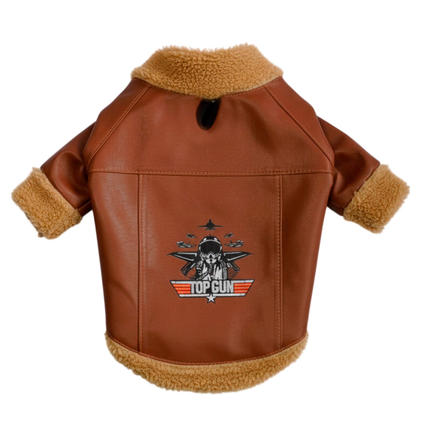 Chaqueta Aviadora para perros y gatos en cuerina café 
vista frontal - Animal Power Colombia
3