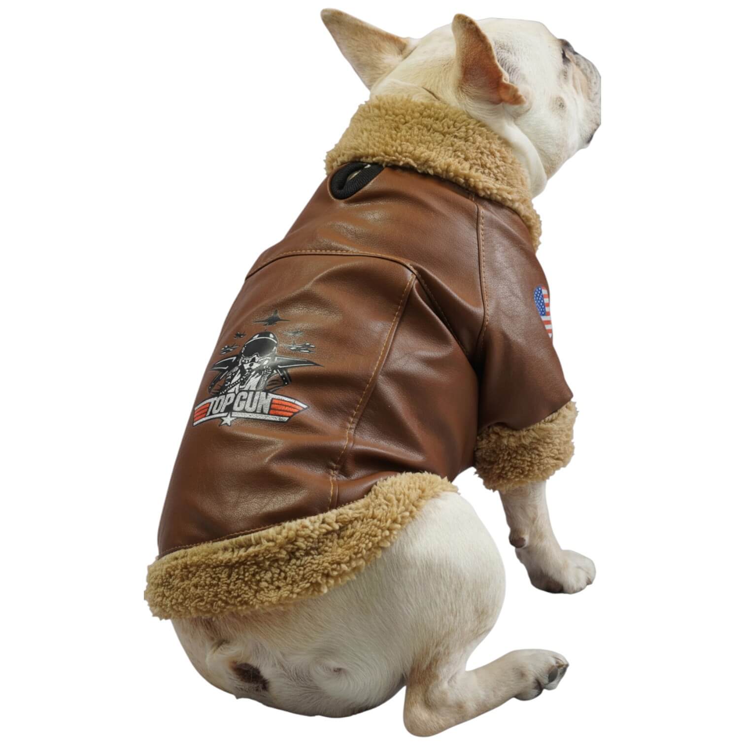 Chaqueta Aviadora para perros y gatos en cuerina café 
vista frontal - Animal Power Colombia
2