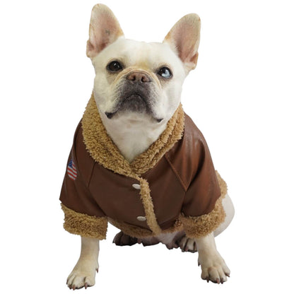 Chaqueta Aviadora para perros y gatos en cuerina café 
vista frontal - Animal Power Colombia
7