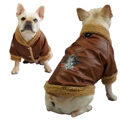 Chaqueta Aviadora para perros y gatos en cuerina café 
vista frontal - Animal Power Colombia
