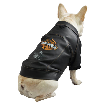 Chaqueta Harley para perros en cuerina negra vista trasera 
con estampado DTF Animal Power - Animal Power Colombia
4