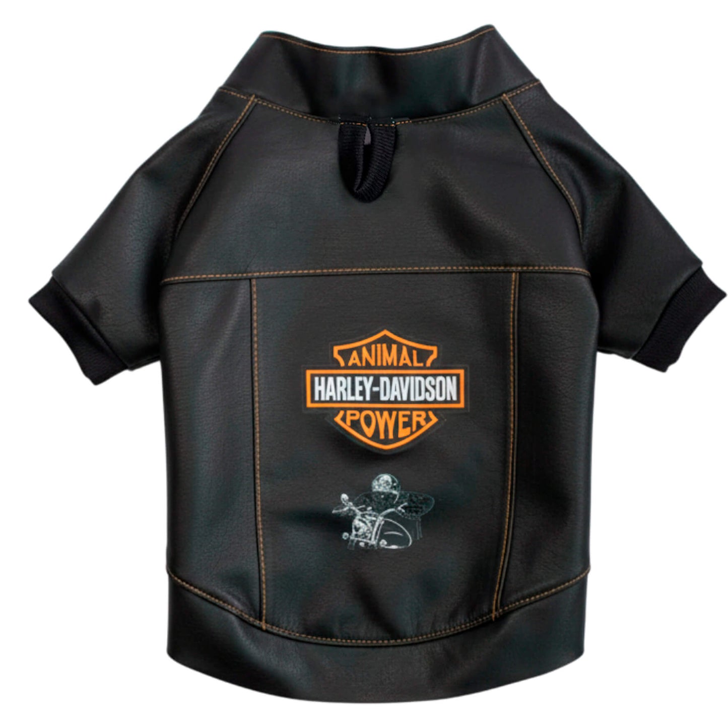 Chaqueta Harley para perros en cuerina negra vista trasera 
con estampado DTF Animal Power - Animal Power Colombia
5
